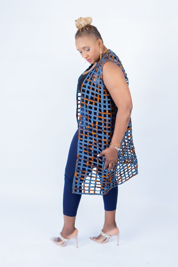 Mari Orange & Blue Mix Ankara Weaved Sleeveless Kimono