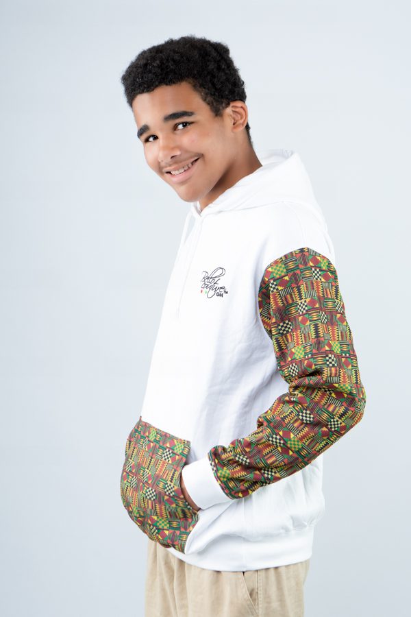 White Unisex Afro-Fusion Hoodie with Printed Panel Accent