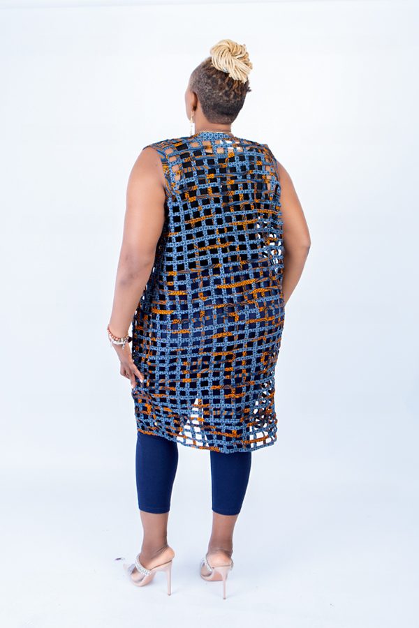 Mari Orange & Blue Mix Ankara Weaved Sleeveless Kimono