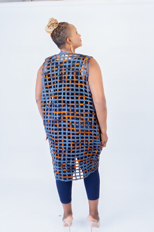 Mari Orange & Blue Mix Ankara Weaved Sleeveless Kimono