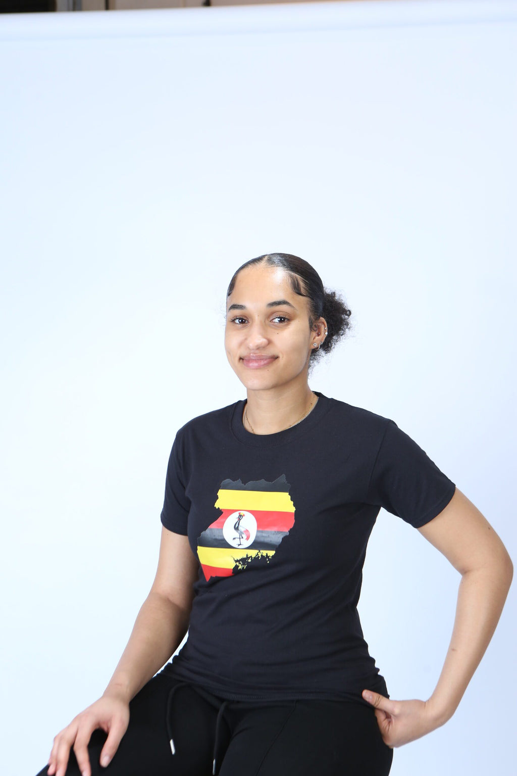 Uganda Country Flag on Crew Neck Black Top