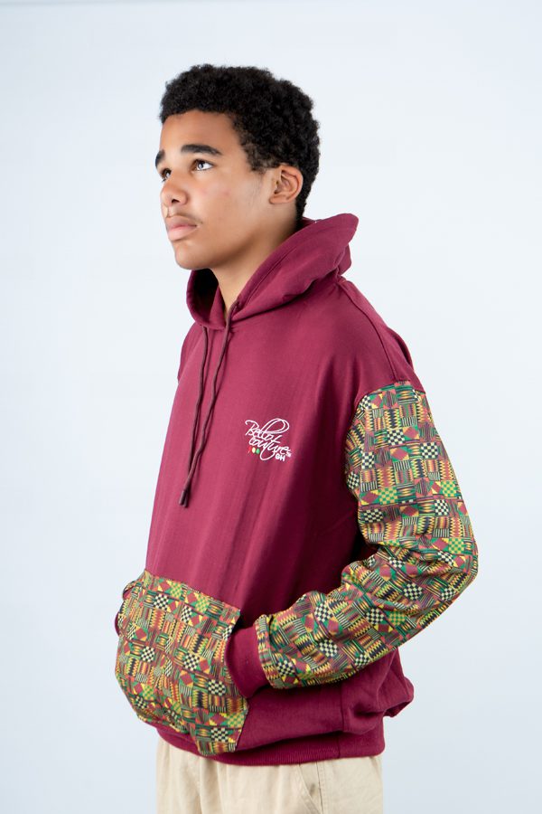 Maroon Unisex Afro-Fusion Hoodie with Printed Panel Accent