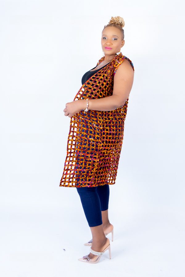 Mari Burnt Orange Ankara Weaved Midi Sleeveless Kimono