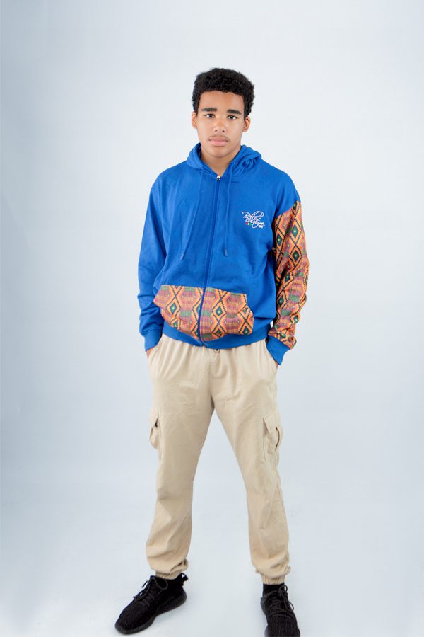 Blue Unisex Afro-Fusion Design Zip Hoodie