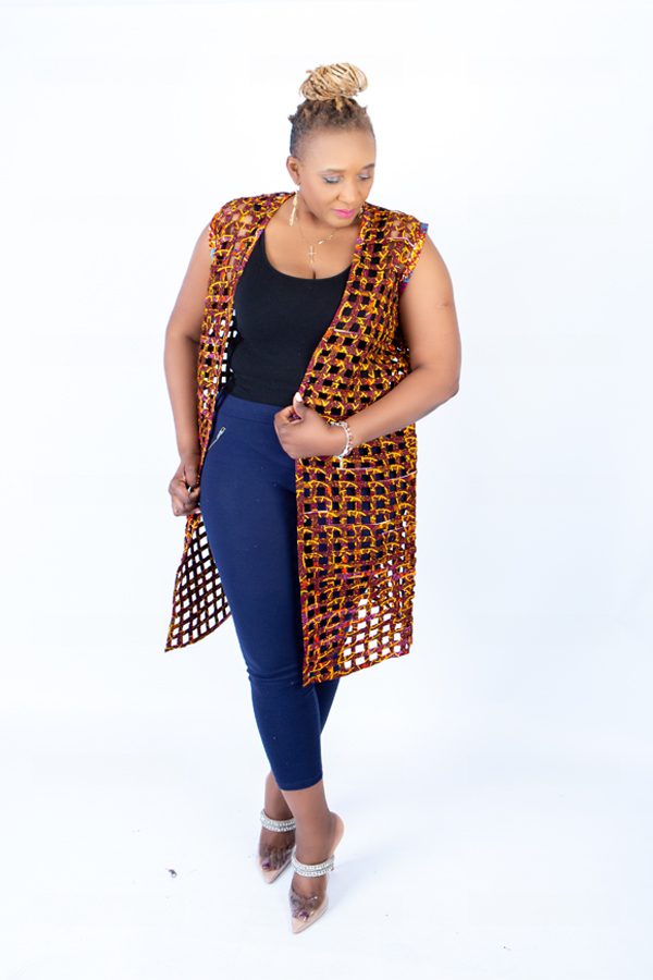 Mari Burnt Orange Ankara Weaved Midi Sleeveless Kimono