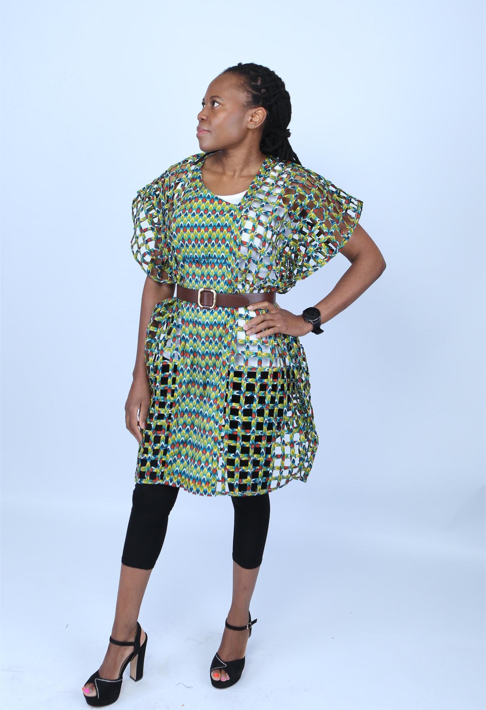 Green Ankara Weaved Short-Sleeve Net Dress - Afrima