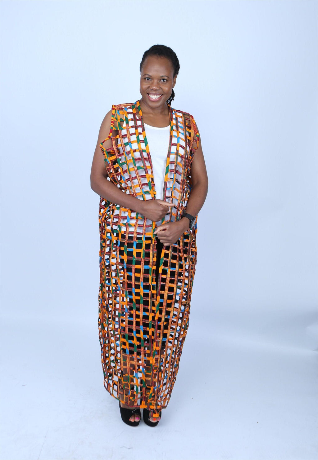 Multicoloured Ankara Weaved Maxi Sleeveless Kimono - Afolabi