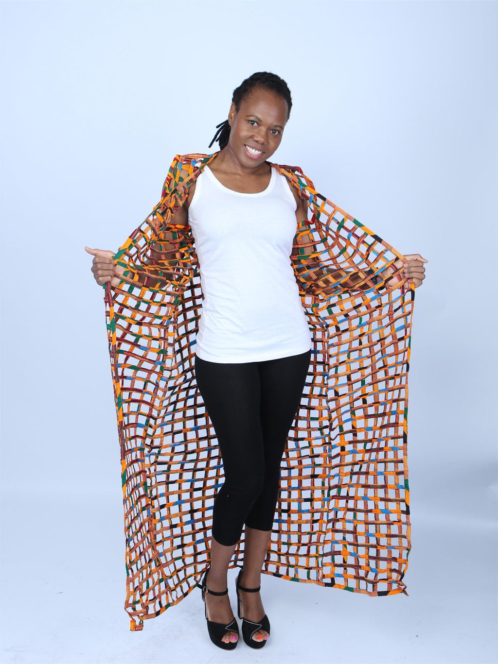 Multicoloured Ankara Weaved Maxi Sleeveless Kimono - Afolabi