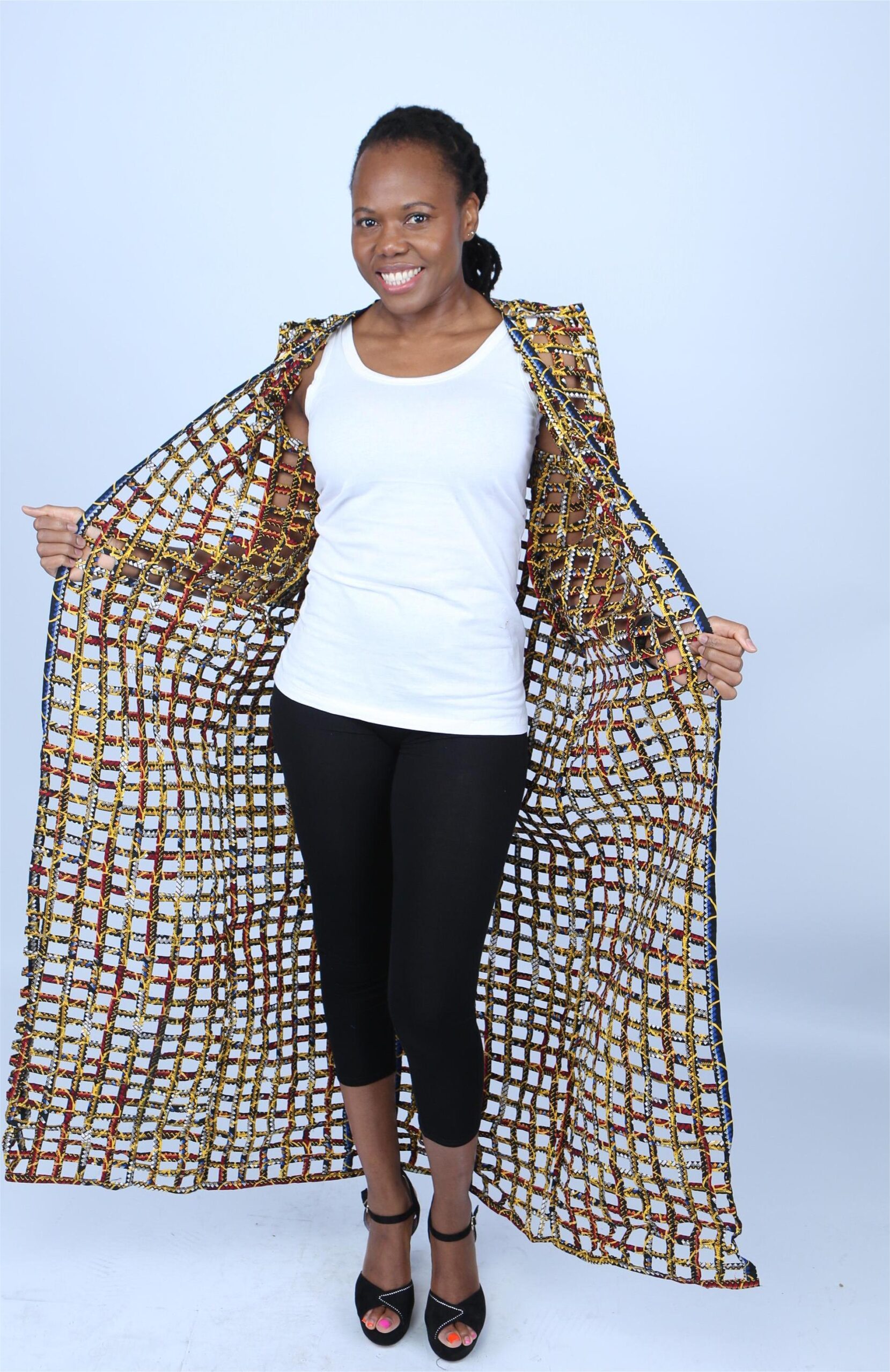 Multicoloured Ankara Weaved Maxi Sleeveless Kimono - Bege