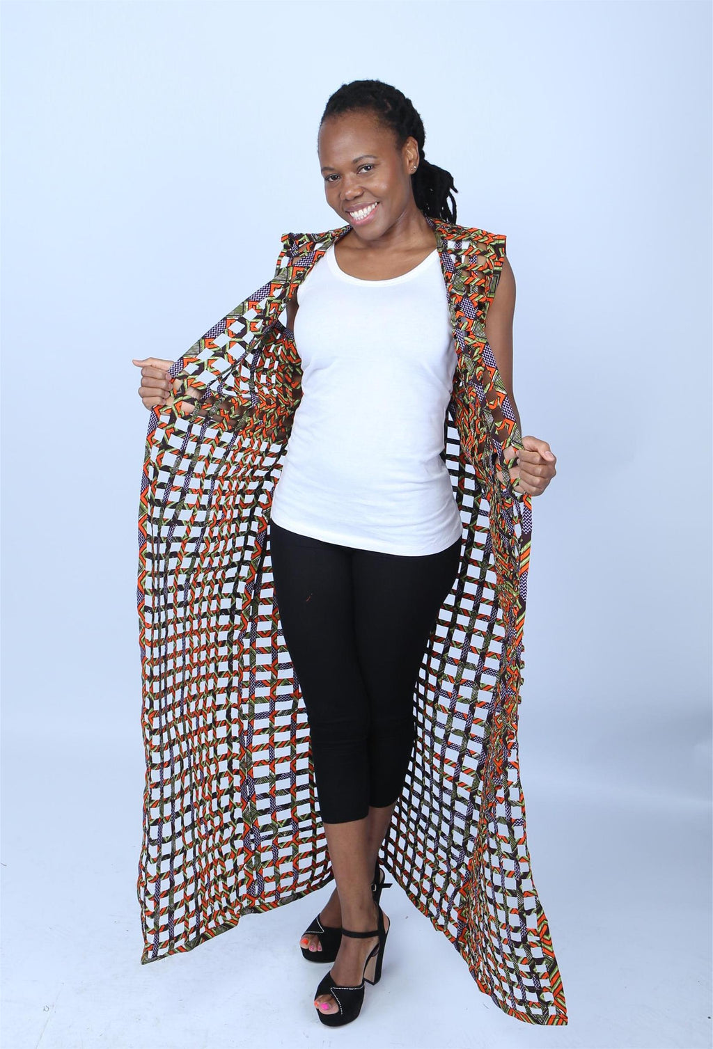 Multicoloured Ankara Weaved Maxi Sleeveless Kimono - Lina
