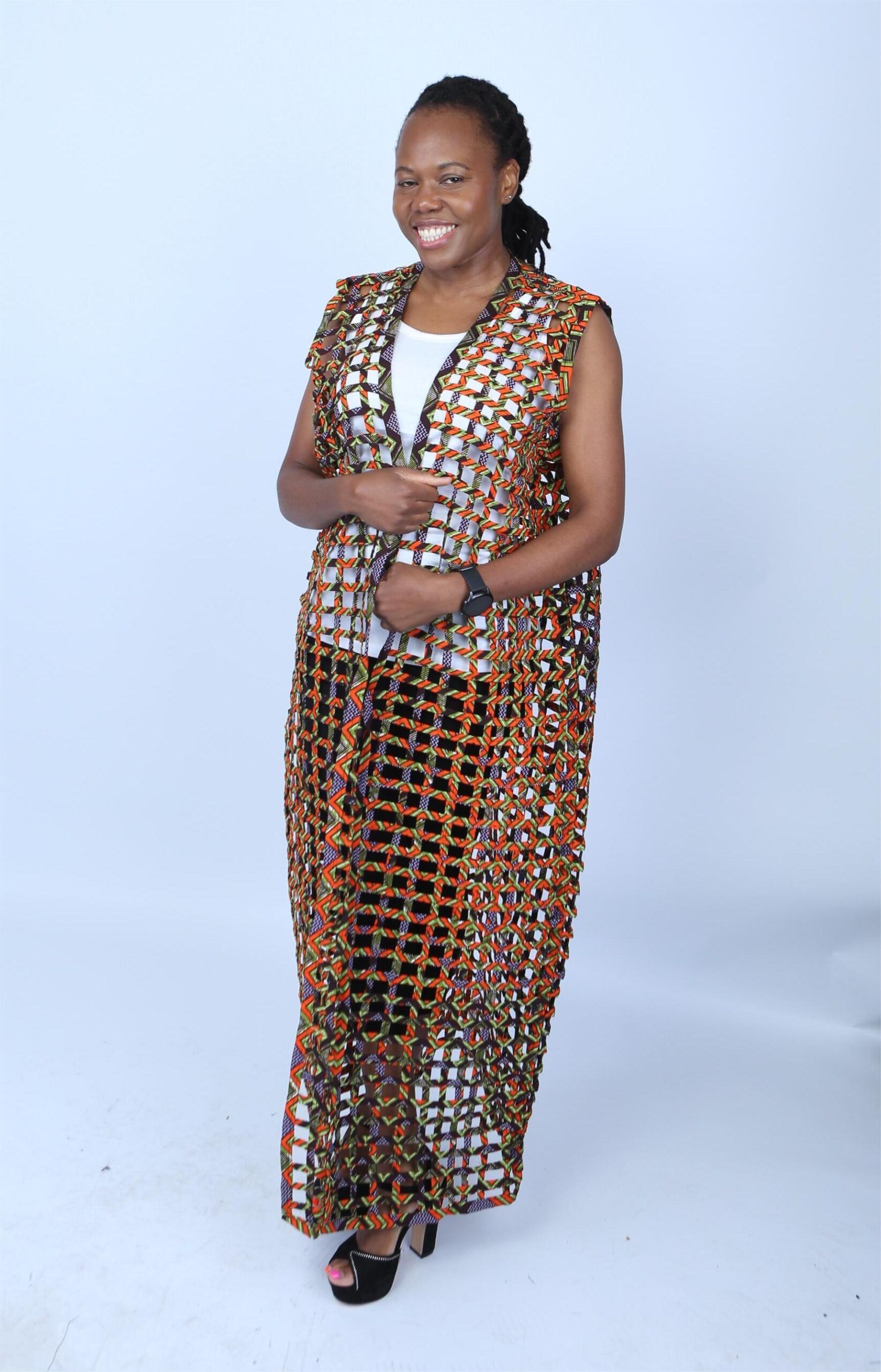 Multicoloured Ankara Weaved Maxi Sleeveless Kimono - Lina