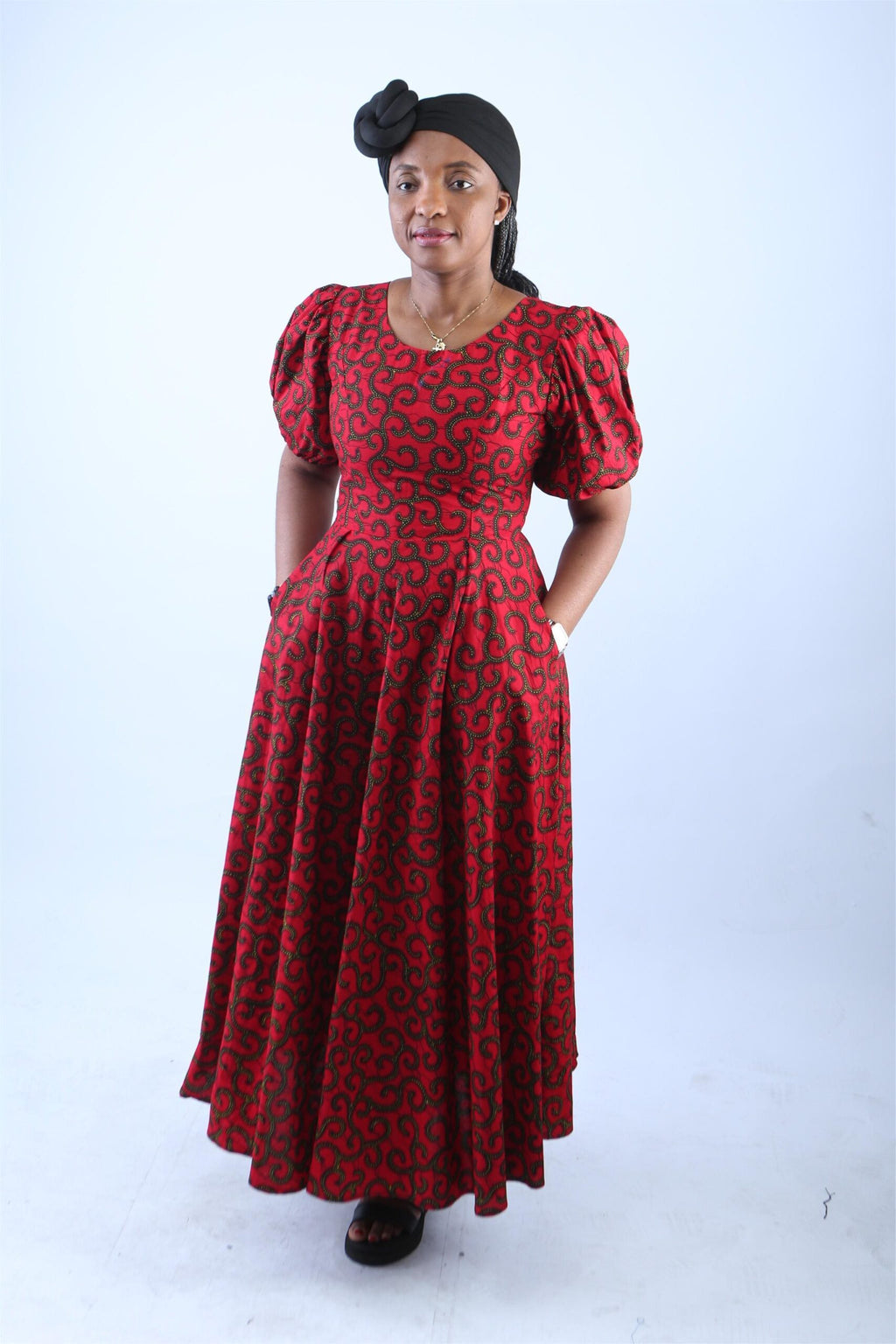 Elegant Red African Print Maxi Dress with Puff Sleeves - Ame
