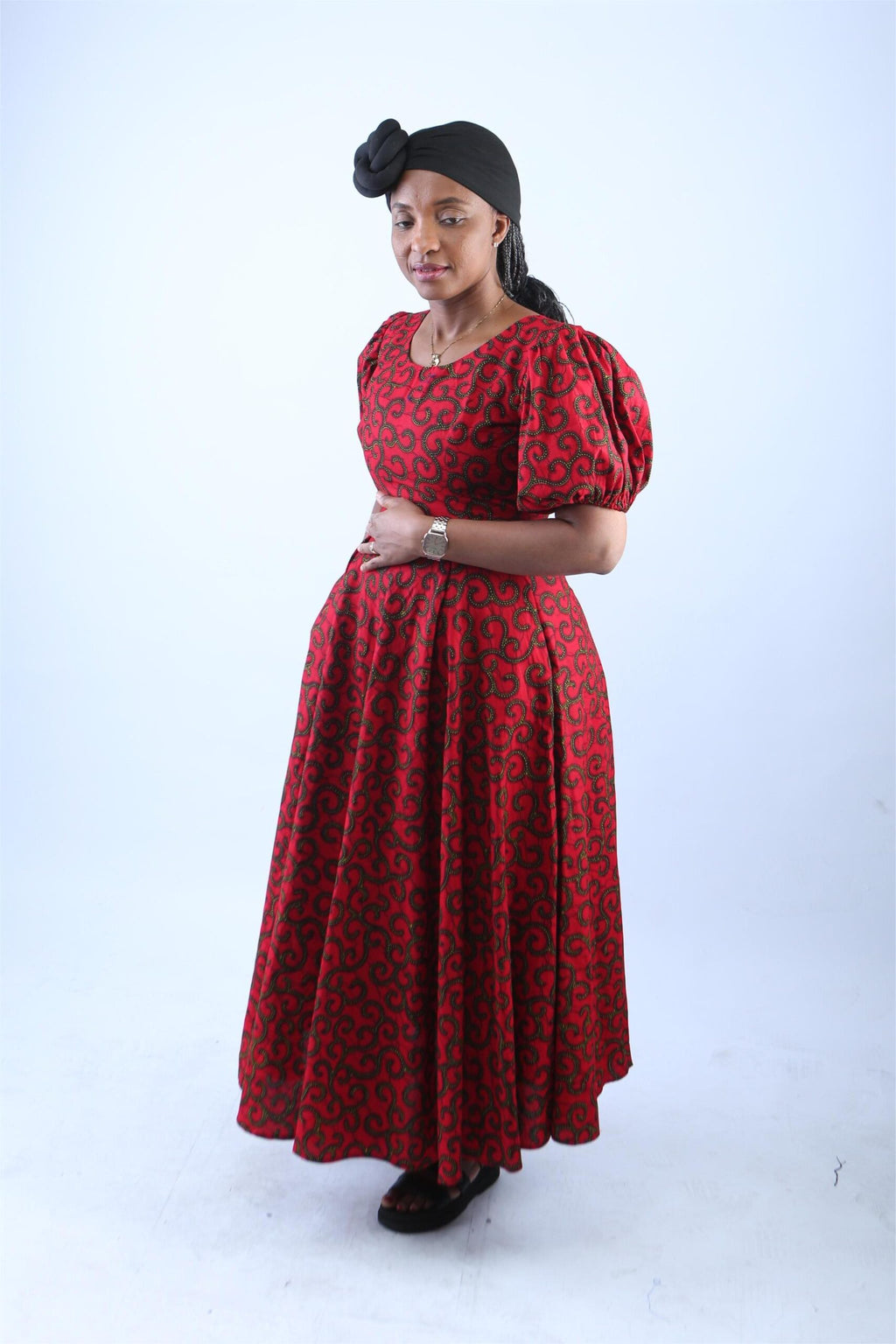 Elegant Red African Print Maxi Dress with Puff Sleeves - Ame