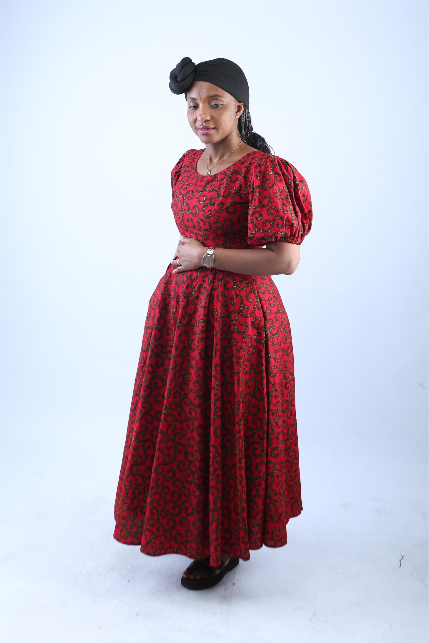 Elegant Red African Print Maxi Dress with Puff Sleeves - Ame