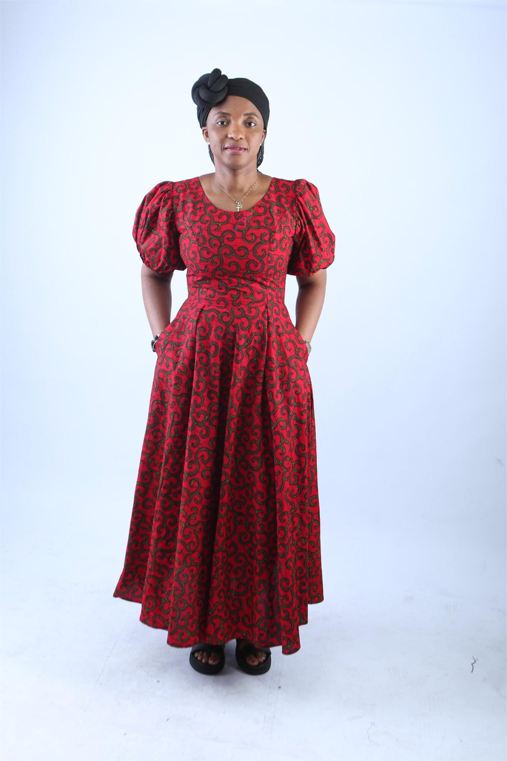 Elegant Red African Print Maxi Dress with Puff Sleeves - Ame