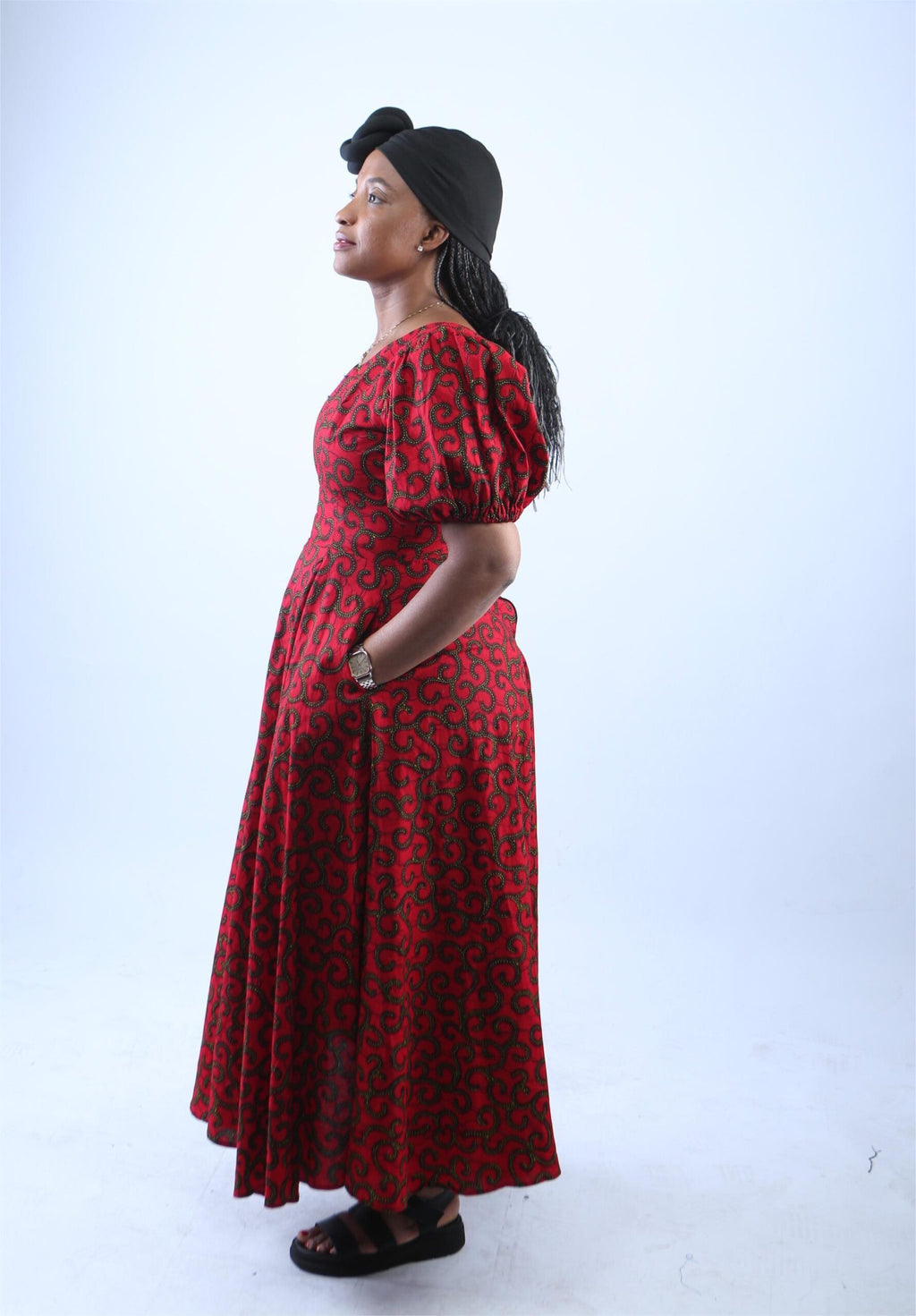 Elegant Red African Print Maxi Dress with Puff Sleeves - Ame