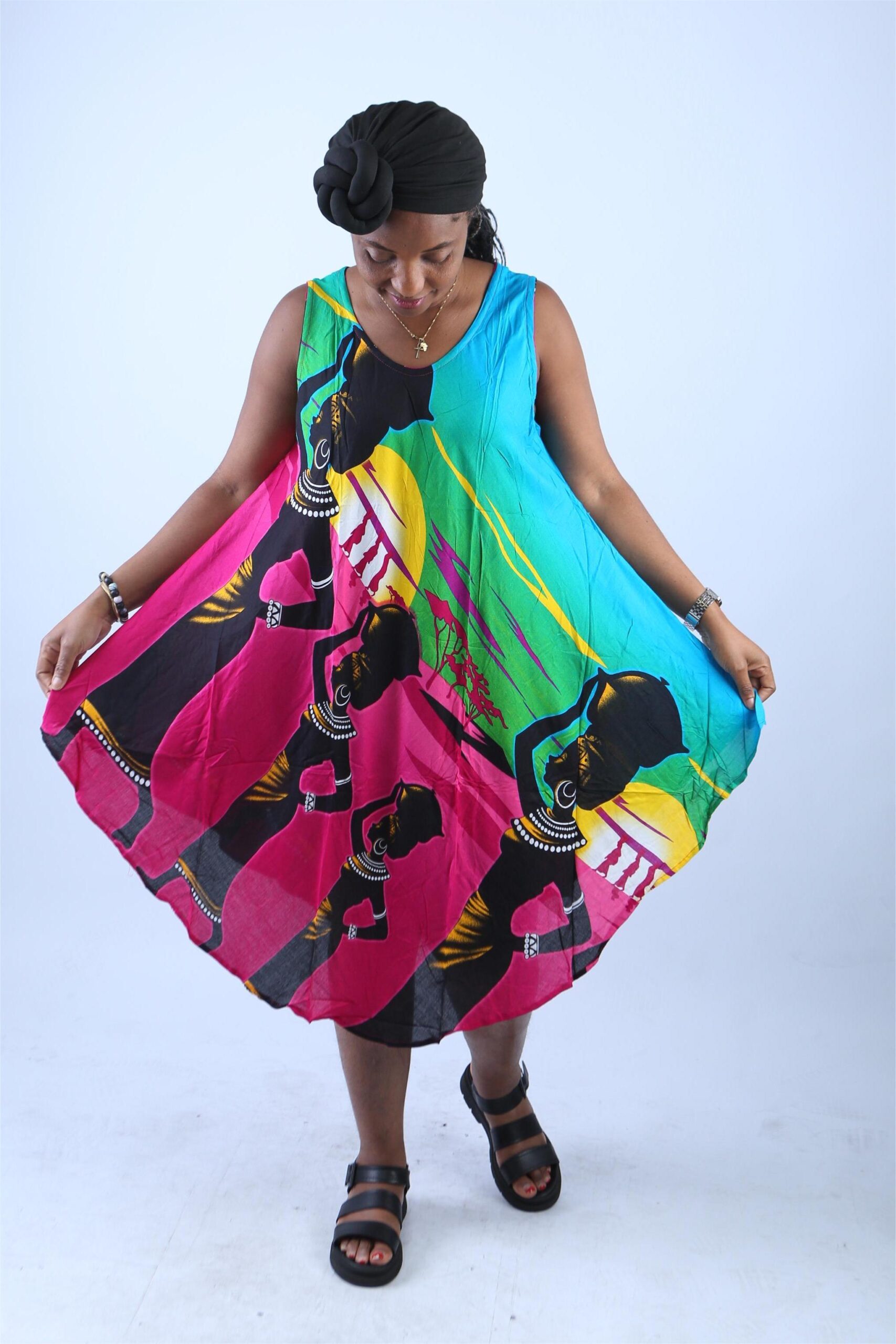 Multicolor Boho Sundress with Tribal Woman Print - Sapele