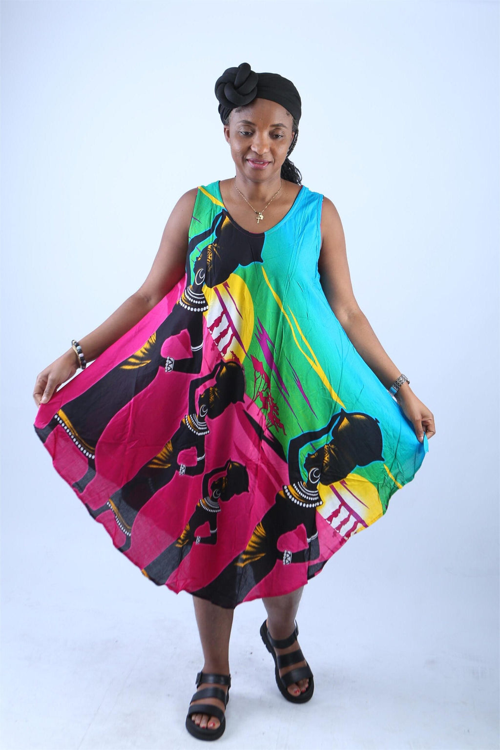 Multicolor Boho Sundress with Tribal Woman Print - Sapele