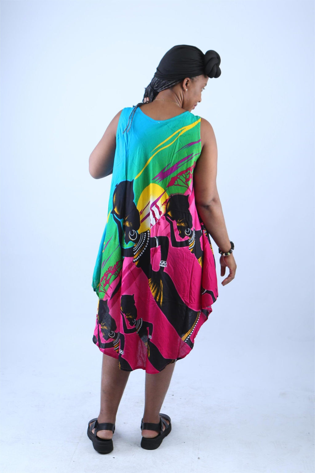 Multicolor Boho Sundress with Tribal Woman Print - Sapele