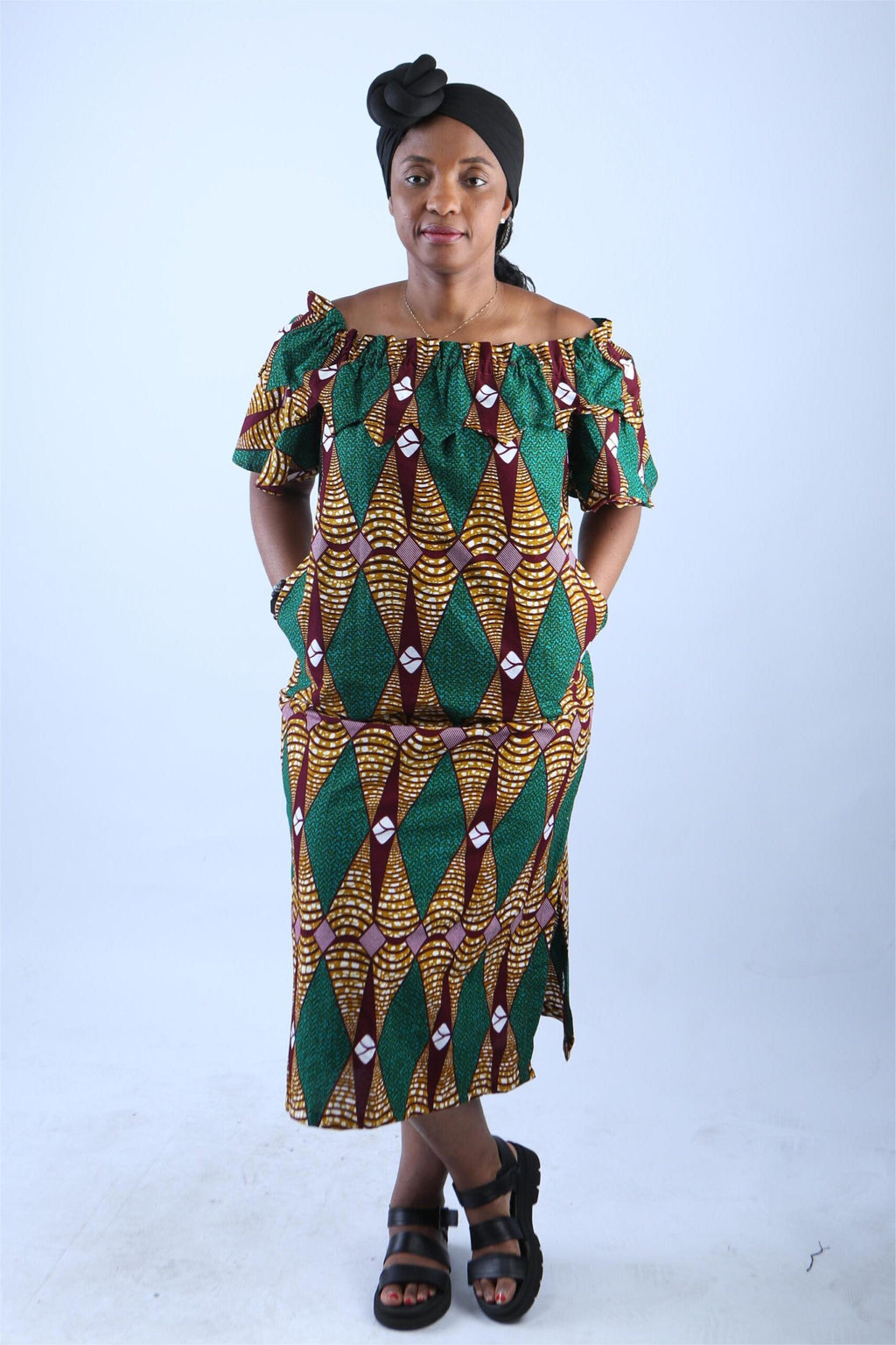 Chic Off-Shoulder African Print Midi Dress - Vero
