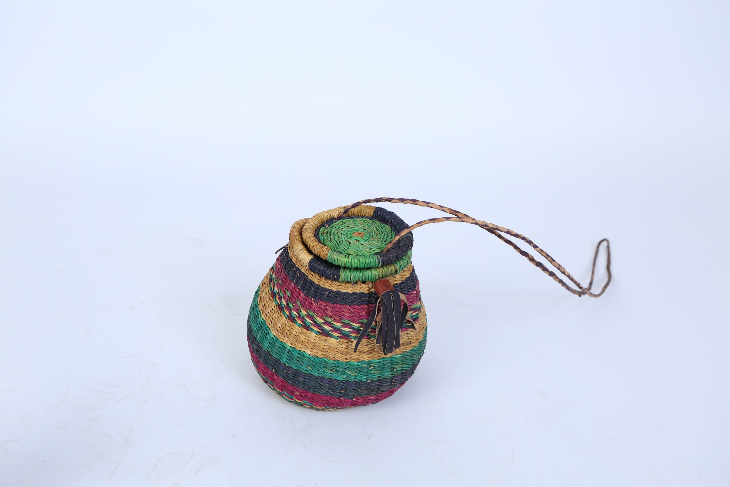 Handwoven Round Basket with Lid and Crossbody Strap