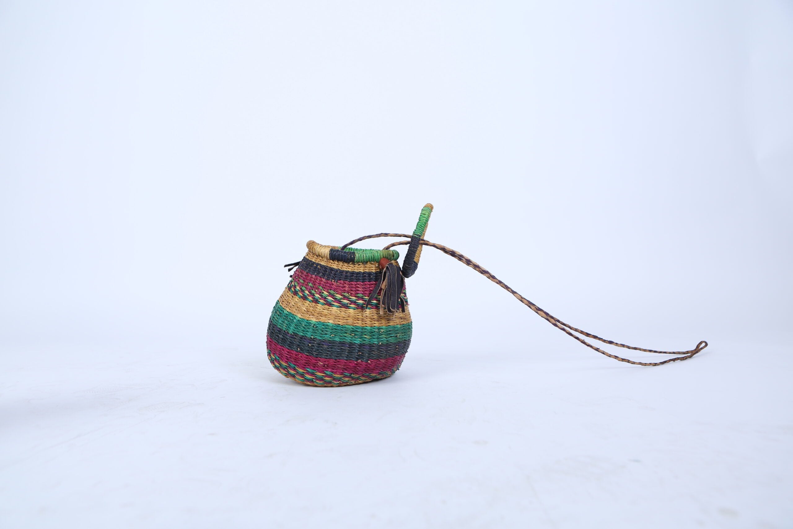 Handwoven Round Basket with Lid and Crossbody Strap