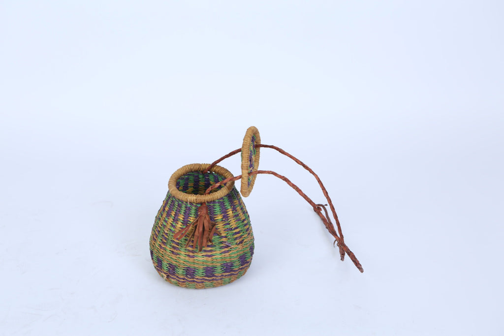 Handwoven Rotund Basket Green and Purple with Lid