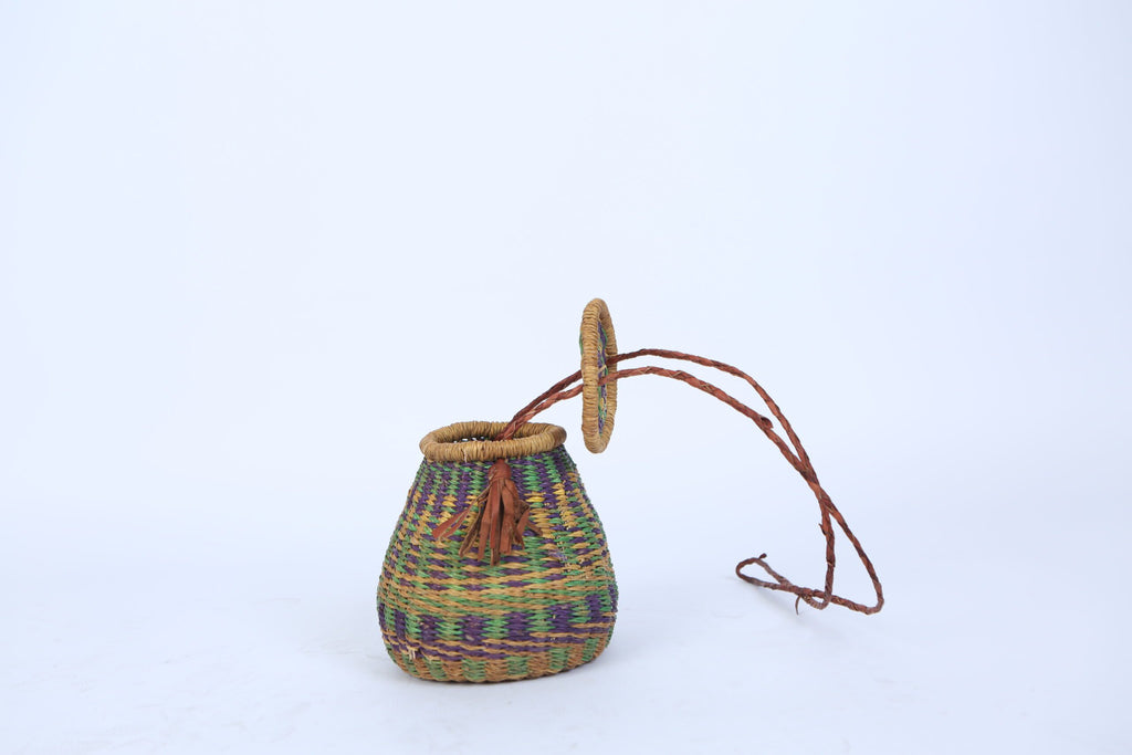 Handwoven Rotund Basket Green and Purple with Lid