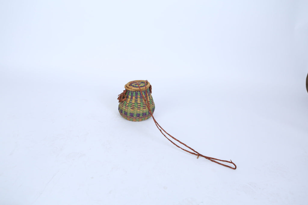 Handwoven Rotund Basket Green and Purple with Lid