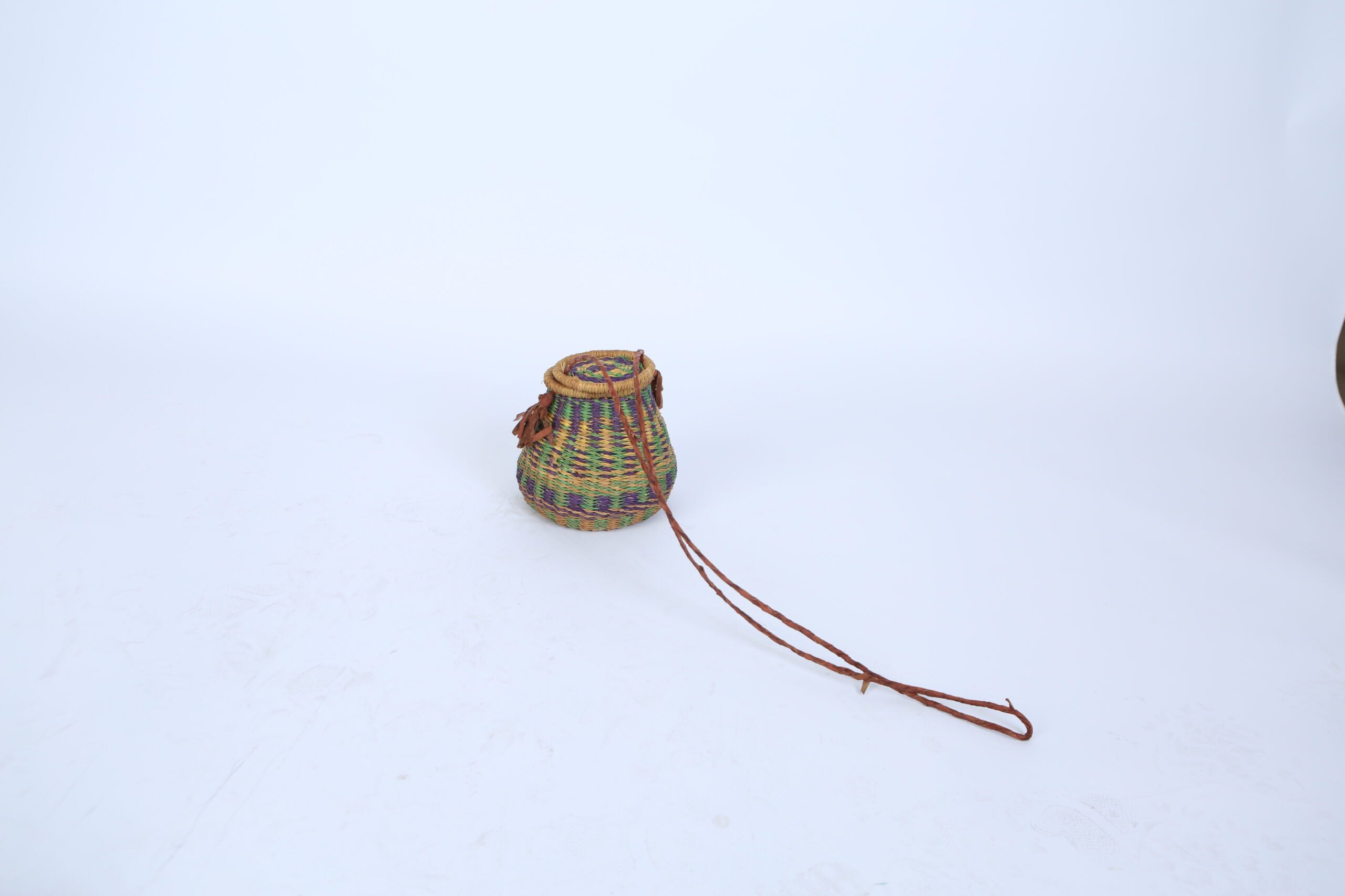 Handwoven Rotund Basket Green and Purple with Lid