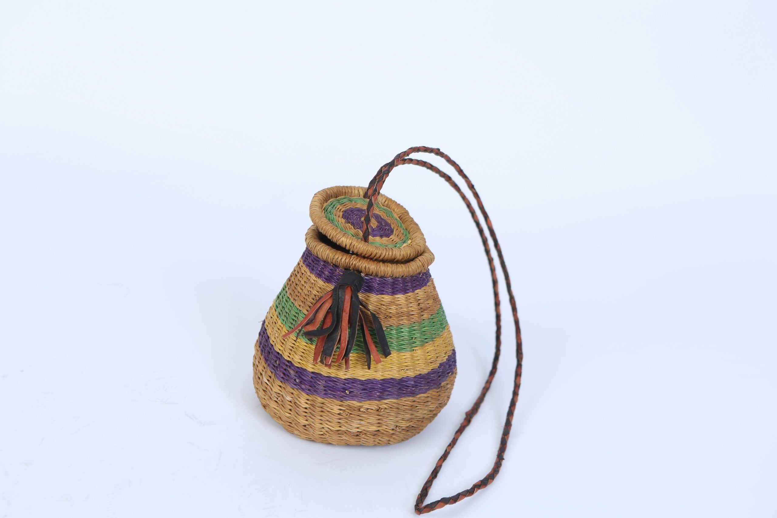 Handwoven Rotund Basket in Green and Purple Stripes