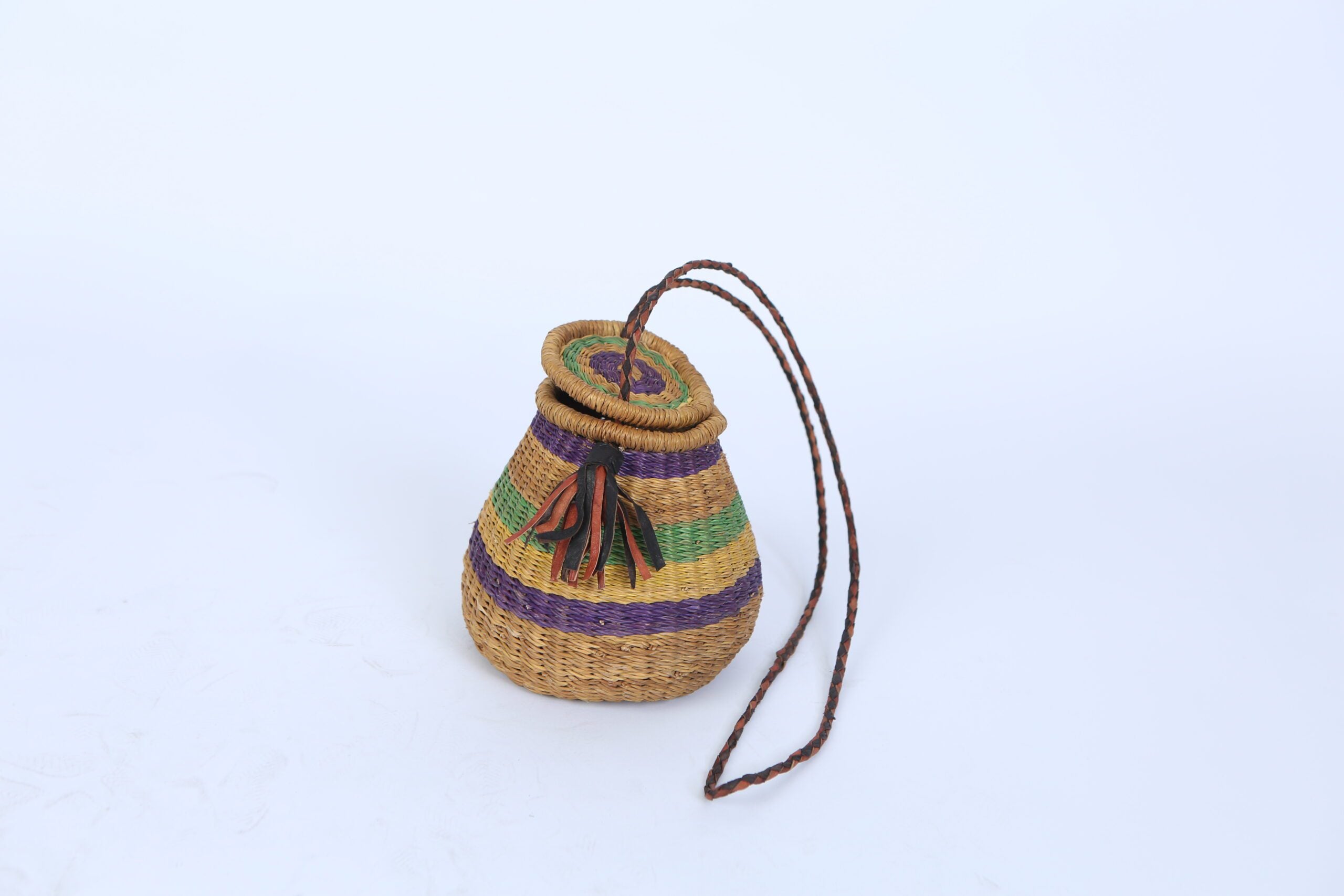 Handwoven Rotund Basket in Green and Purple Stripes