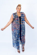 Blue Multi Ade Ankara Weaved Full Length Sleeveless Kimono