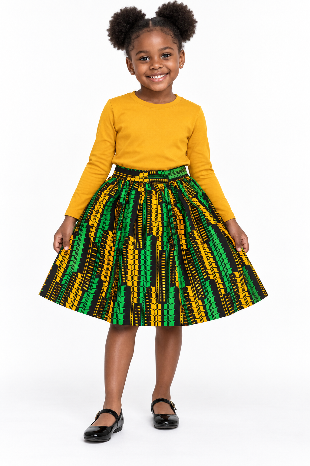 Girls African Print Flared Skirt – Green, Yellow & Black Ankara