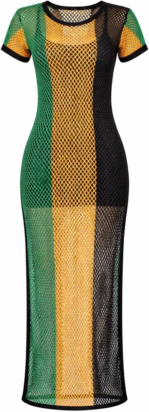 Women's Jamaican Fishnet Maxi Dress – Rasta Stripe Cover-Up