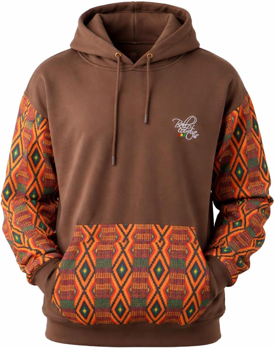 Unisex Afro-Fusion Zip Hoodie in brown with African print panels
