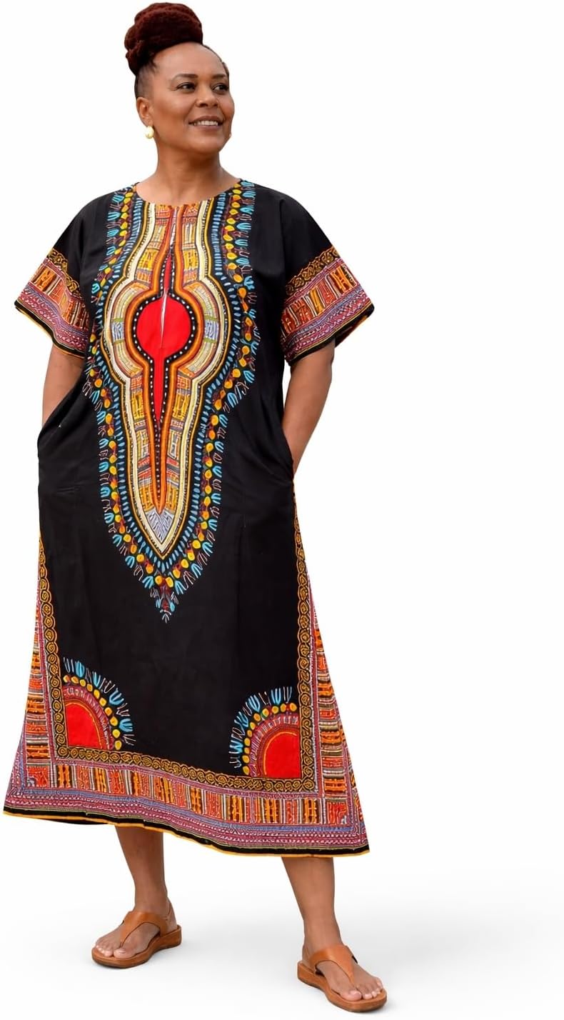 Dashiki Kaftan Maxi Dress – Loose Fit, Short Sleeve
