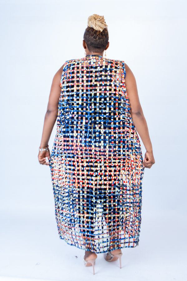 Blue Multi Ade Ankara Weaved Full Length Sleeveless Kimono
