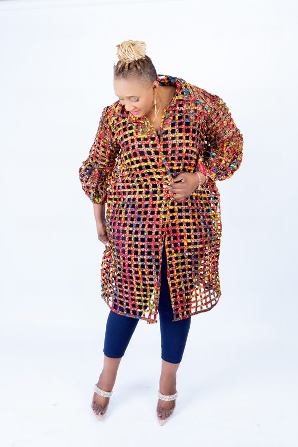 Red Multi Sue Ankara Weaved Mid Puff Sleeve Overthrow