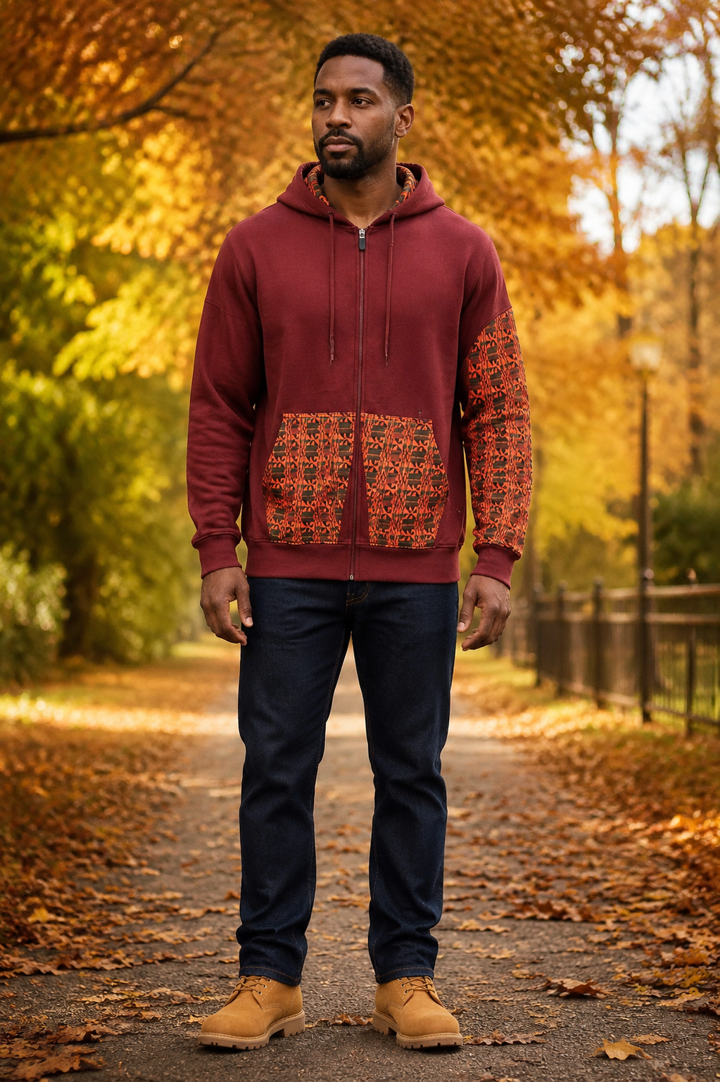 Afro-Fusion Hoodie – Unisex Ankara Print Maroon Pullover Hoodie