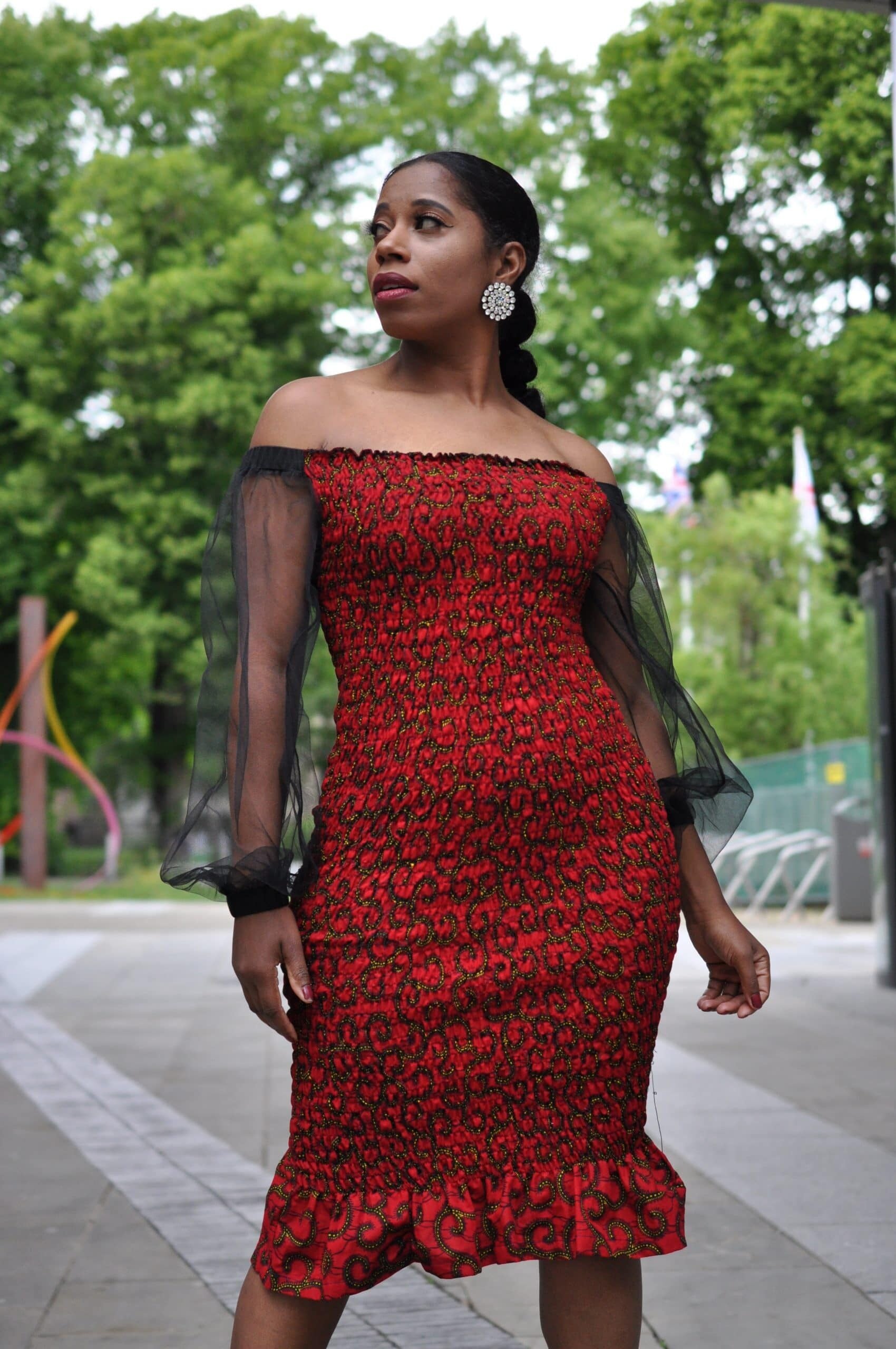 Mandisa Red Ankara Bodycon Sheer Sleeved Dress