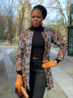 Women’s African Print Longline Jacket – Gold, Brown & Black