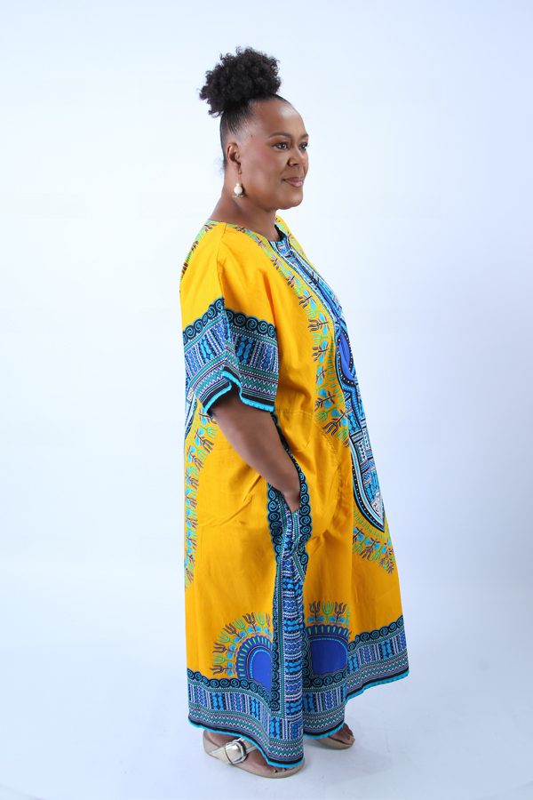 Stylish Yellow Dashiki Trendy Zip Dress 100% Cotton