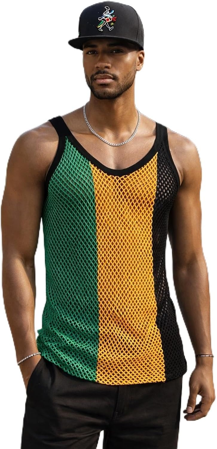 Men's Tri-Colour Striped Mesh Tank Top Vest