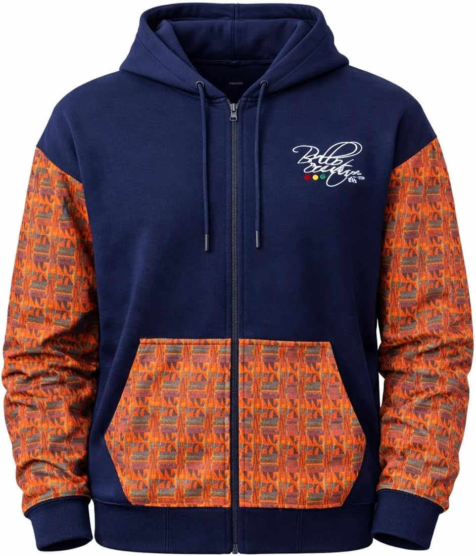 Unisex Afro-Fusion Zip Hoodie in navy with African print panels