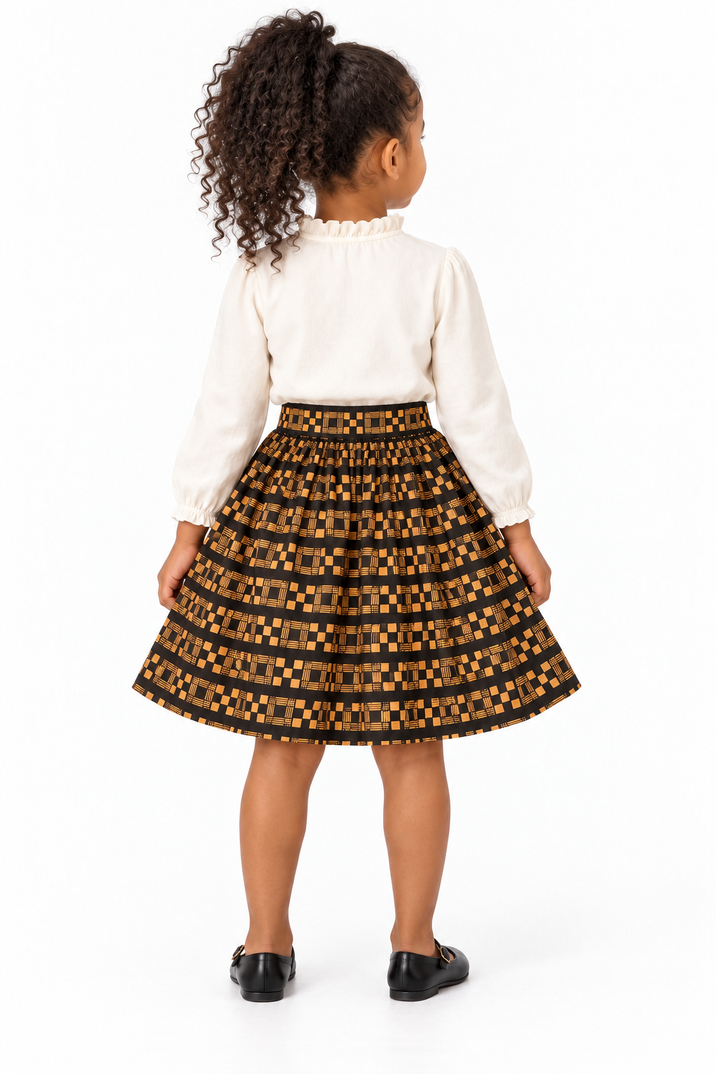Girls African Print Ankara Flared Skirt – Black &amp; Gold | Age 4–6 Years