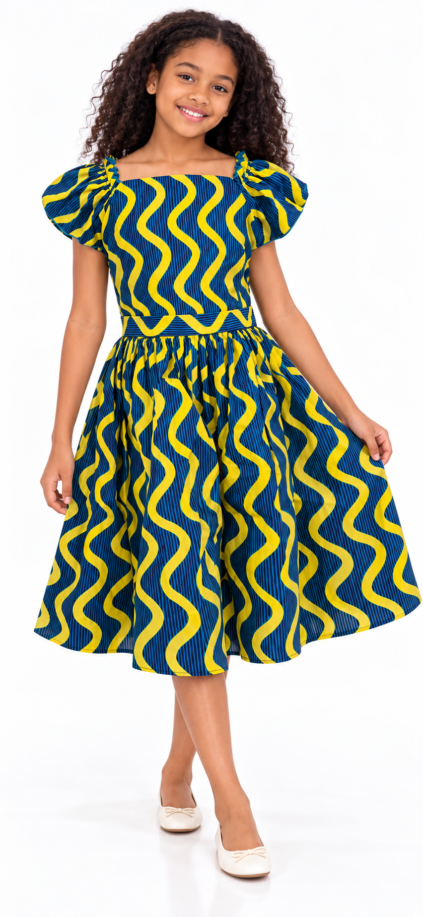Young girl wearing an African Print Puff Sleeve Midi Dress in vibrant teal and yellow Ankara print.