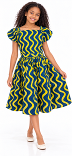 Young girl wearing an African Print Puff Sleeve Midi Dress in vibrant teal and yellow Ankara print.