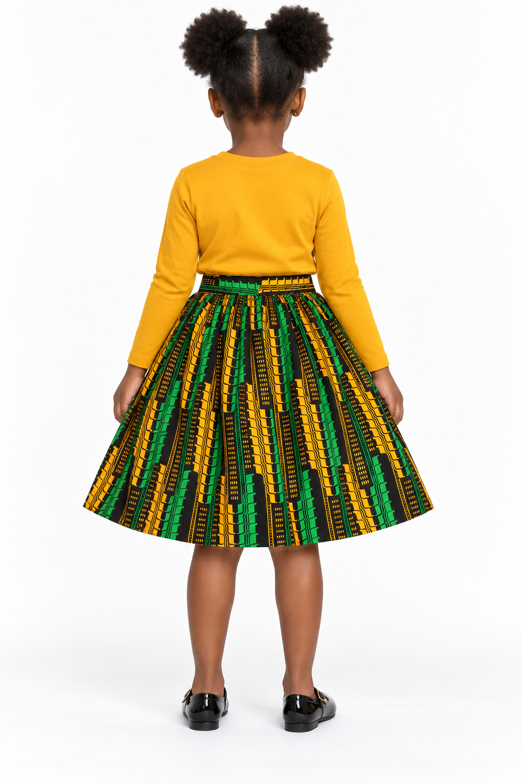 Girls African Print Flared Skirt – Green, Yellow & Black Ankara