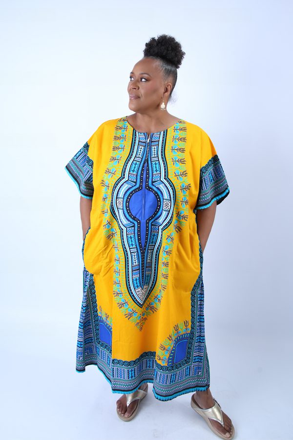 Stylish Yellow Dashiki Trendy Zip Dress 100% Cotton